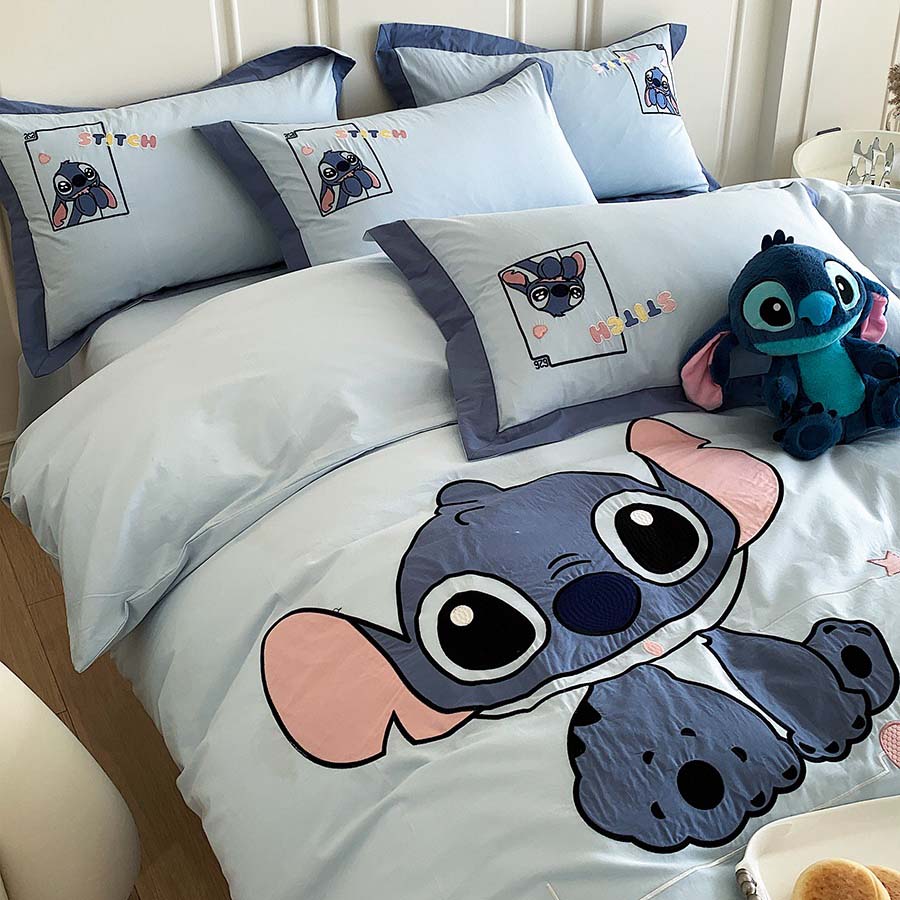 Washed Cotton Stitch Cartoon Embroidery Four-Piece Bed Set