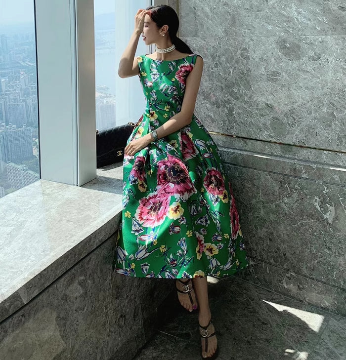 Vibrant Green Floral Print Sleeveless A-Line Midi Dress Vibrant Green Floral Print Sleeveless A-Line Midi Dress