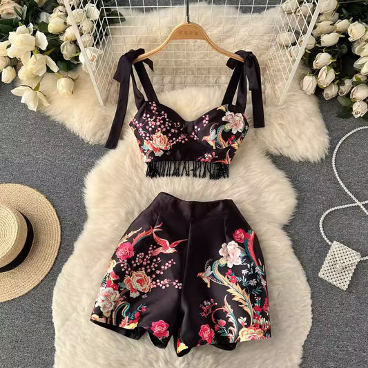 Spring & Summer Retro Printing Strappy Fringed Women's Two-Piece Suit - Harmony Gallery