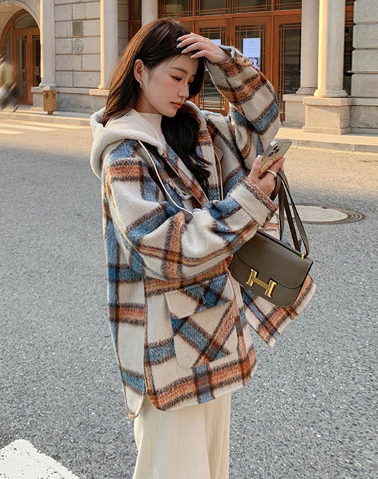 Plaid Hooded Woolen Winter Petite College Thickened Women's Coat - Harmony Gallery