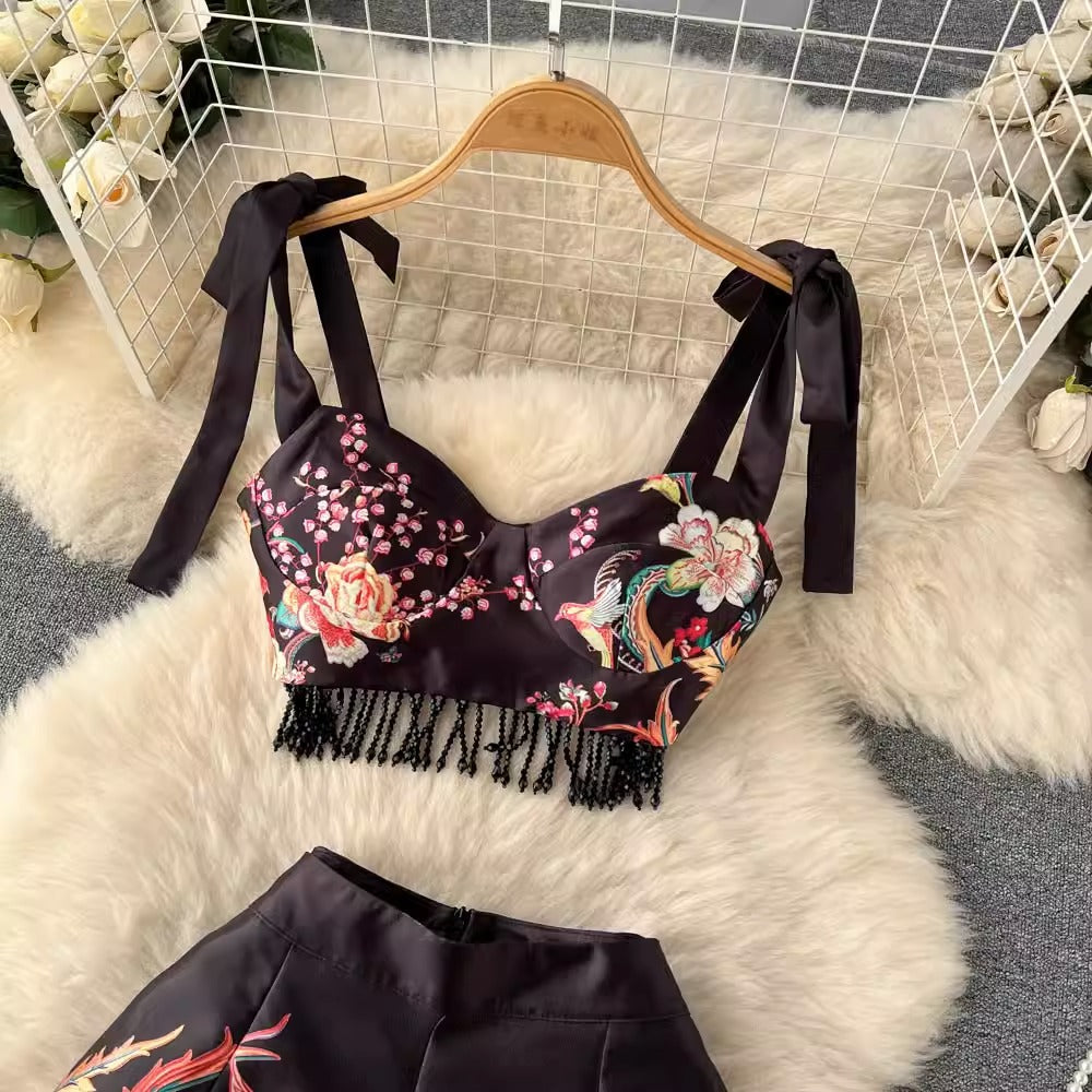 Spring & Summer Retro Printing Strappy Fringed Women's Two-Piece Suit - Harmony Gallery