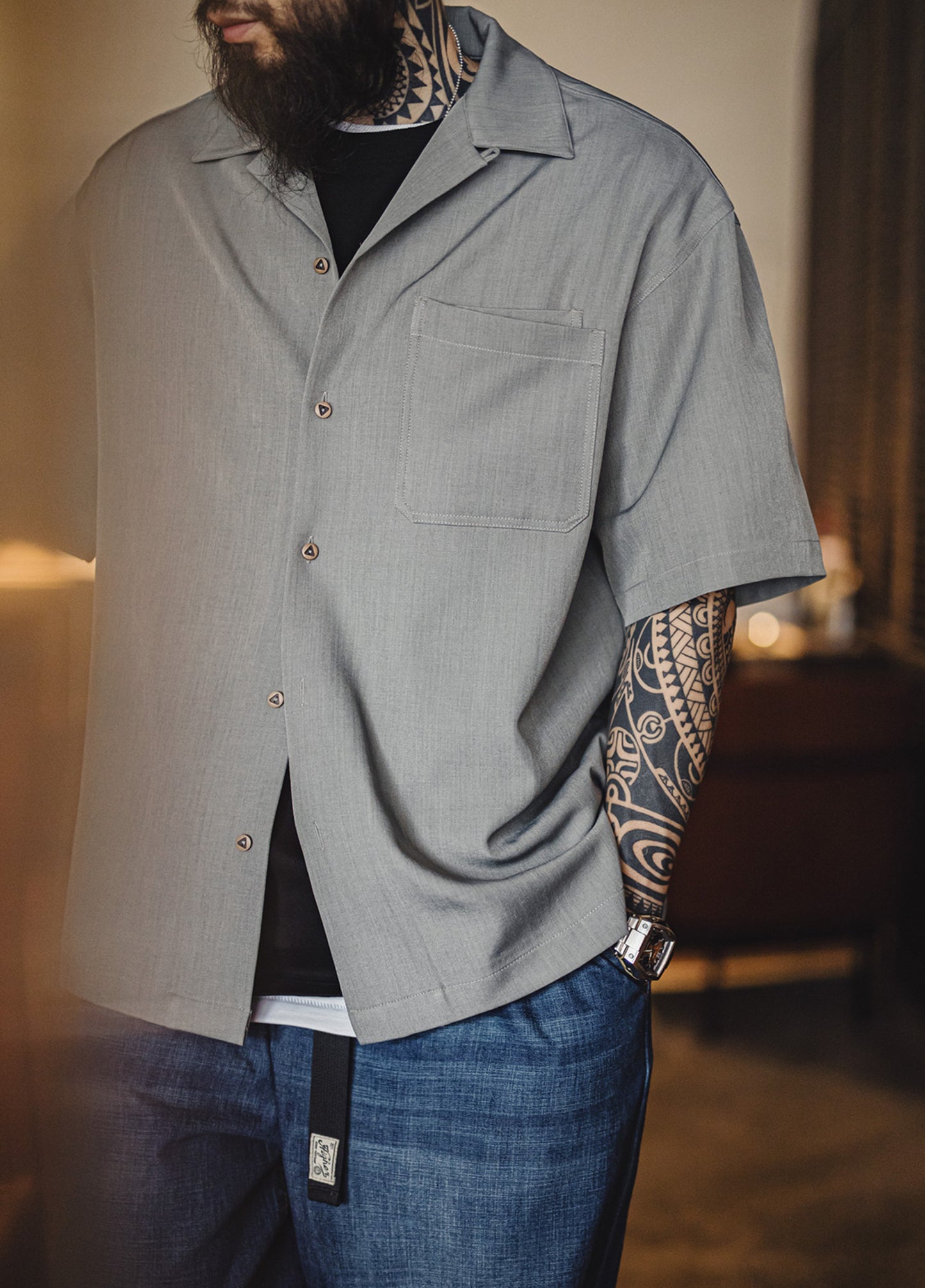 American Retro Collar Drape Clean Fit Short-Sleeved Daily Men's Shirt - Harmony Gallery