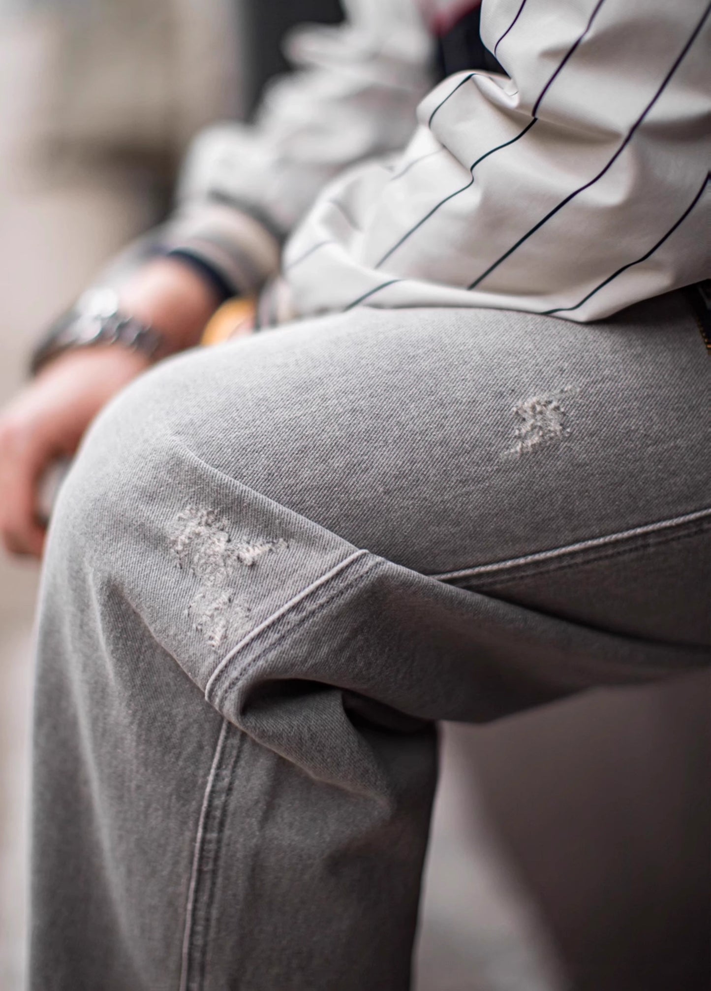 American Retro Washed Old Gray Ripped Cat Whisker Logging Men's Jeans - Harmony Gallery