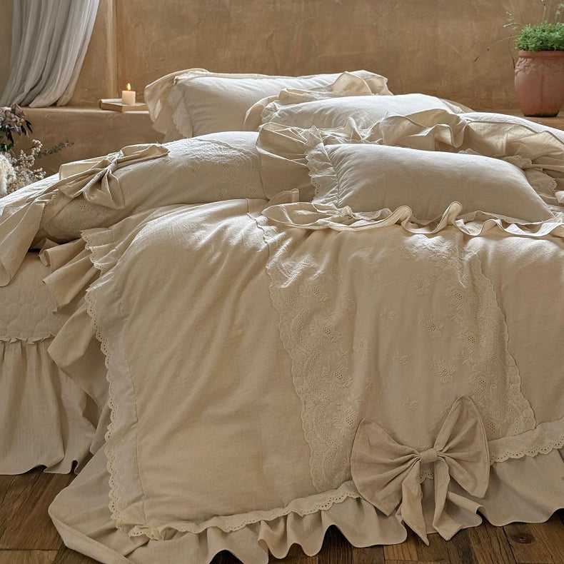 French Retro Romantic Cotton And Linen Blend Four-Piece Lace Trim Bow Bed Set