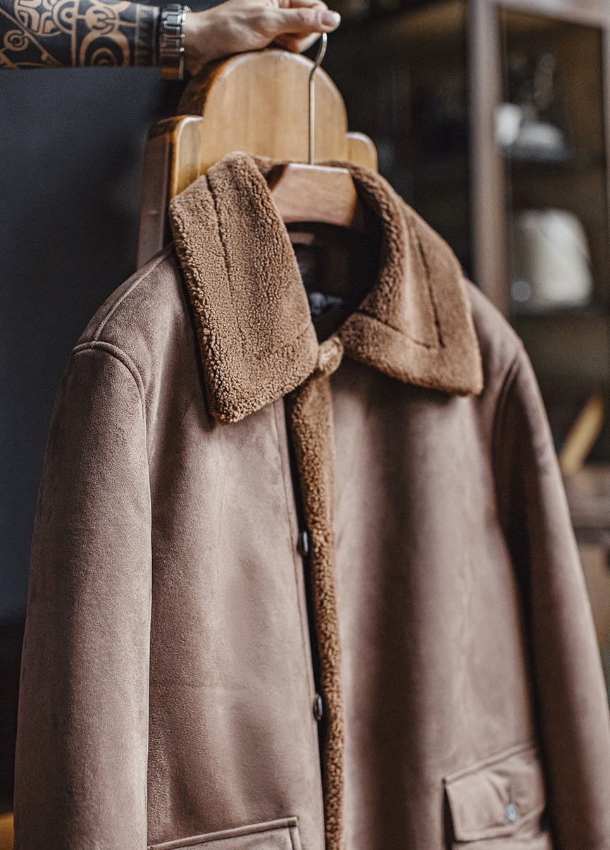 American Retro B7 Suede Parka Mid-Length Faux Lambswool Thickened Men's Coat