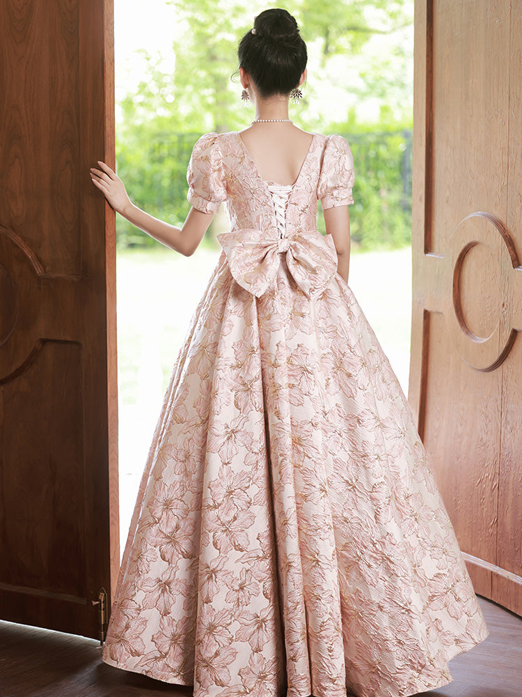 Charming Pink Floral Jacquard Ball Gown with Puff Sleeves - Harmony Gallery