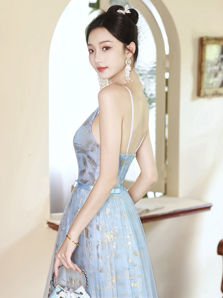 Charming Blue and Gold Spaghetti Strap A-Line Evening Gown with Tulle Skirt - Harmony Gallery