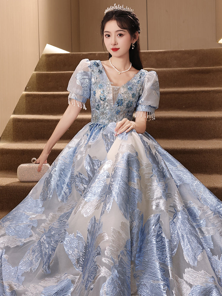 Elegant Blue Floral Embroidered Princess Ball Gown Dress with Puff Sleeves and Beaded Details