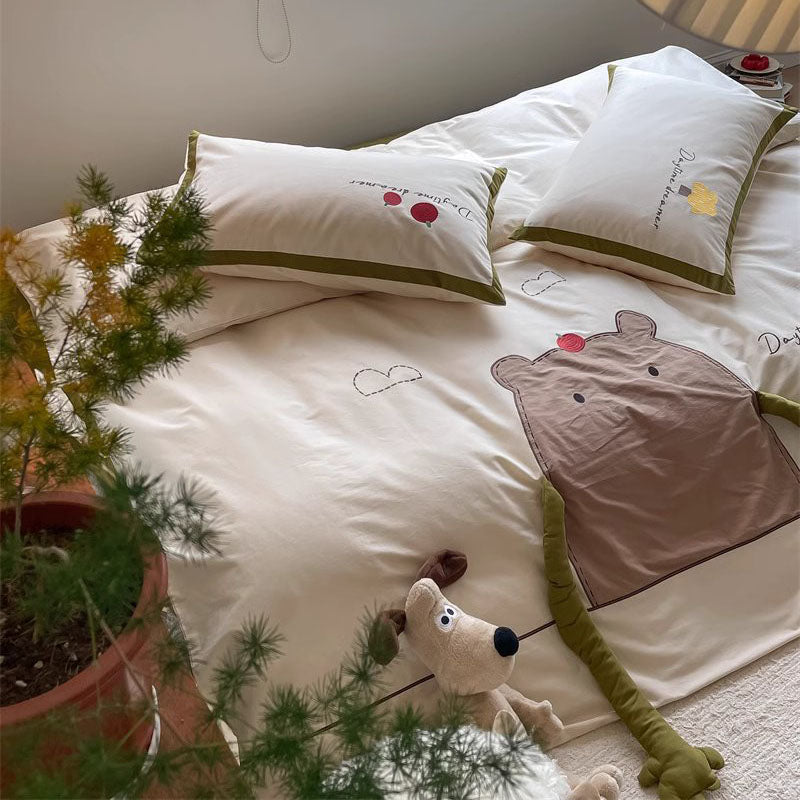 Cartoon Apple Hugging Bear Thickened Brushed Four-Piece Bed Set - Harmony Gallery