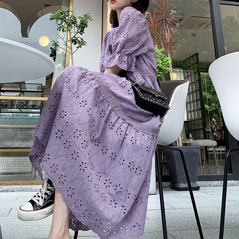 French Lavender Purple Sweet Puff Loose Women's Dress French Lavender Purple Sweet Puff Loose Women's Dress