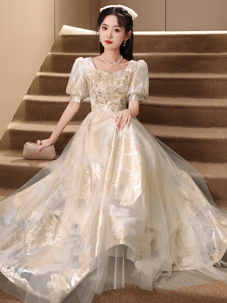 Vintage Gold and Cream Puff Sleeve Ball Gown with Floral Embroidery Vintage Gold and Cream Puff Sleeve Ball Gown with Floral Embroidery