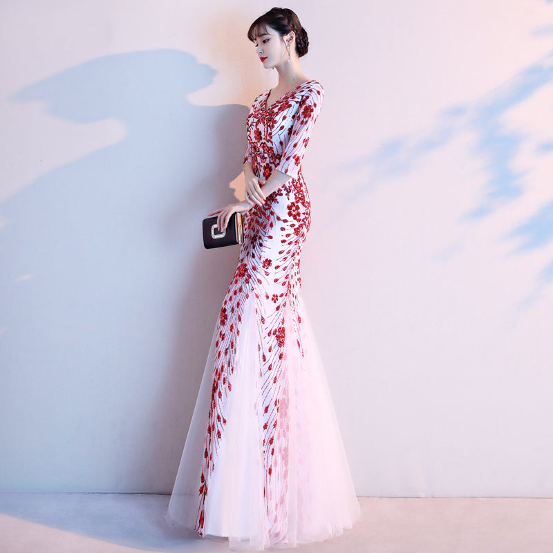 Stunning Red and White Floral Embroidered Mermaid Gown with V-Neck - Harmony Gallery