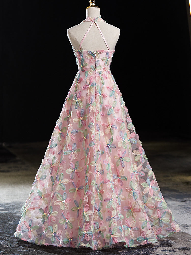 Enchanting Pastel Floral Halter Neck A-Line Evening Gown - Harmony Gallery
