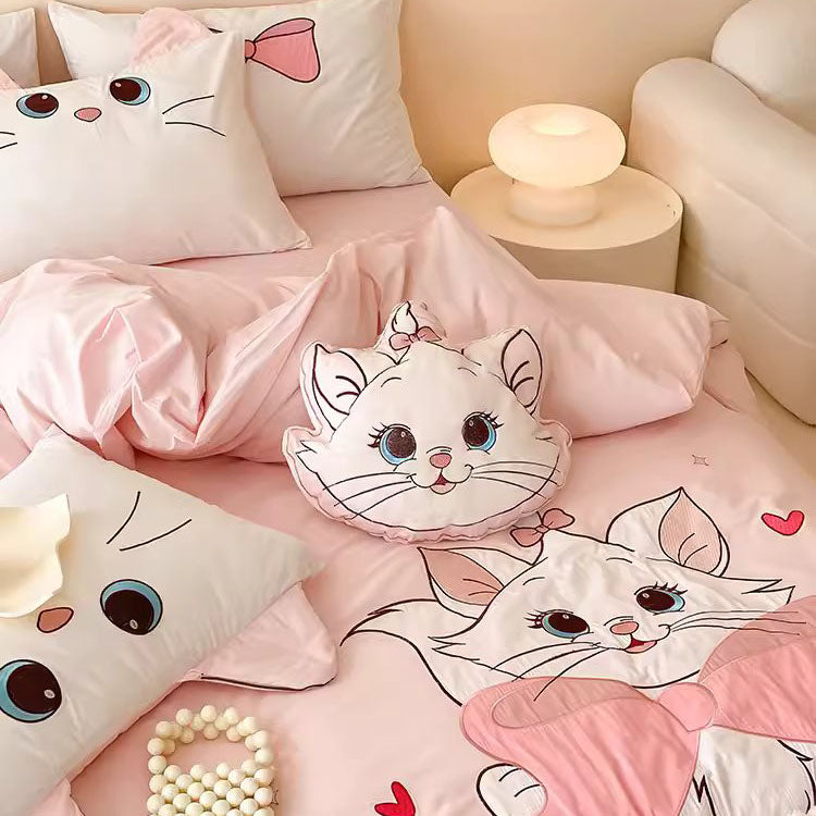 Mary Cat Cartoon Pure Washed Cotton Four-Piece Bed Set