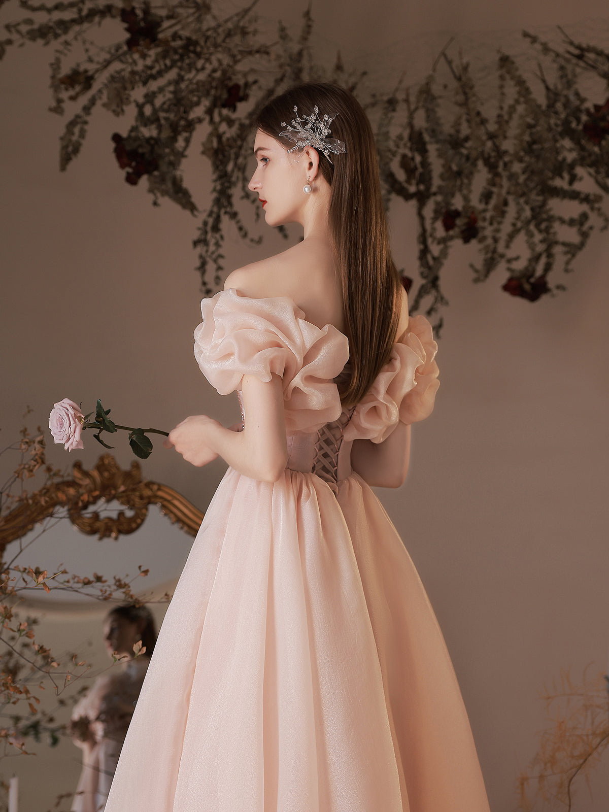Fairytale Blush Pink Off-Shoulder Ball Gown with Ruffled Bodice - Harmony Gallery