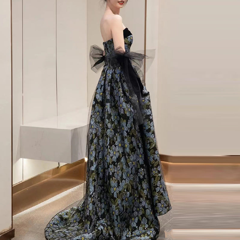 Elegant Black and Blue Floral Strapless Ball Gown with Sheer Gloves Elegant Black and Blue Floral Strapless Ball Gown with Sheer Gloves