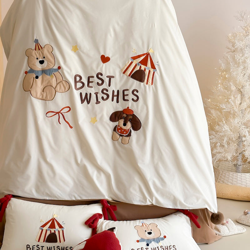 Cartoon Circus Bear Embroidery Pure Cotton Long Staple Four-Piece Bed Set