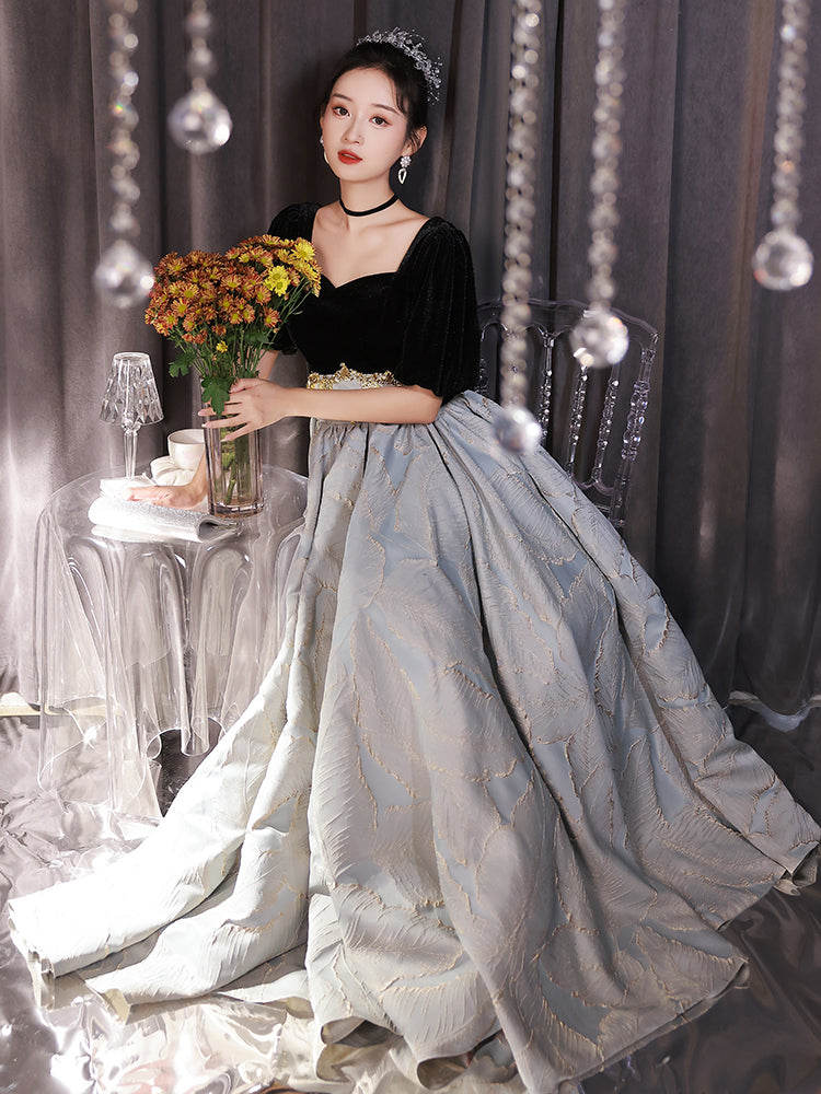 Elegant Black and Gold Puff Sleeve Velvet Top Gown with Embroidered Skirt