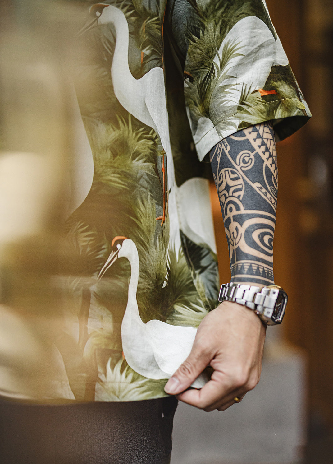 American Retro Crane Flower Pine Crane Green Tencel Hawaiian Men's Shirt - Harmony Gallery