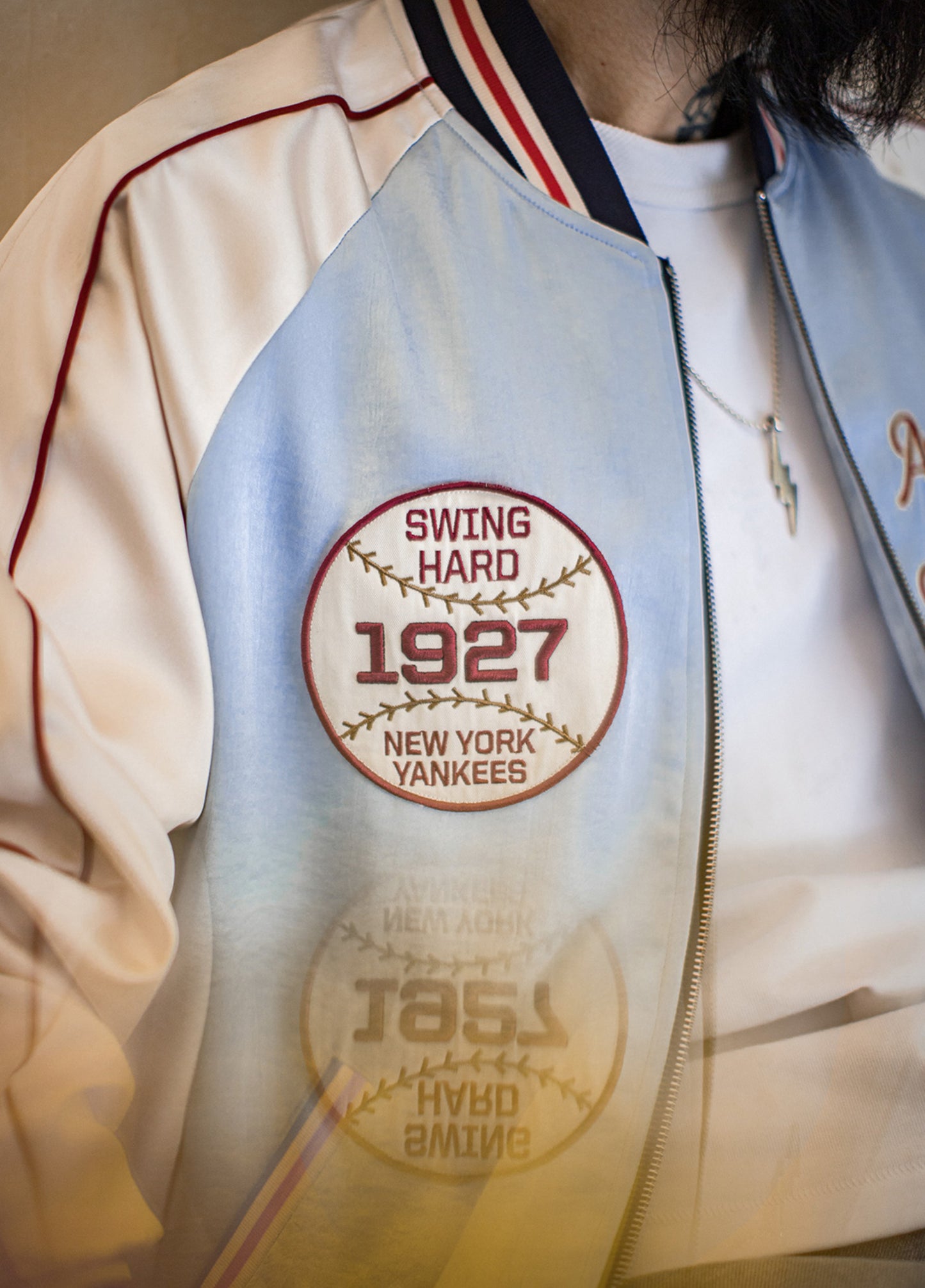 American Cloud And Water Color Embroidery Baseball Handsome Satin Men's Jacket - Harmony Gallery