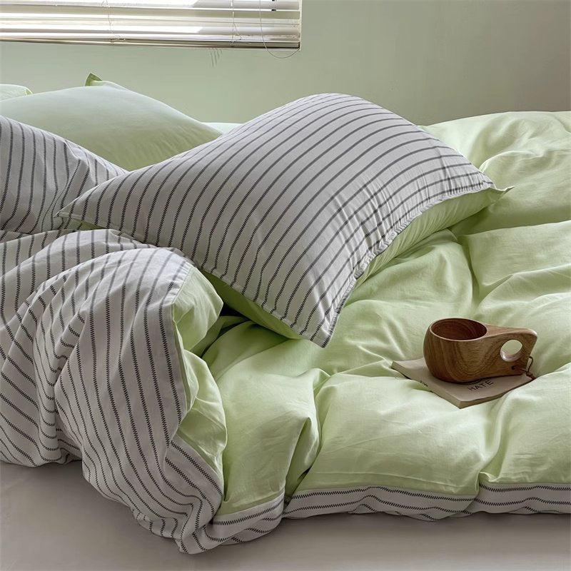 Nordic Modern Striped Washed Four-Piece Pure Cotton Bed Set - Harmony Gallery