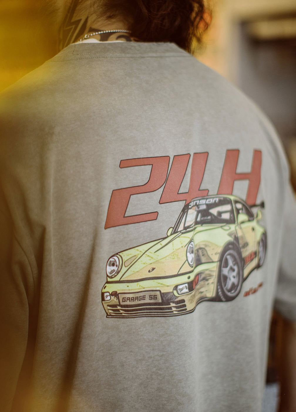 American Retro Motorcycle Back Print Washed Gray Silhouette Men's T-Shirt - Harmony Gallery