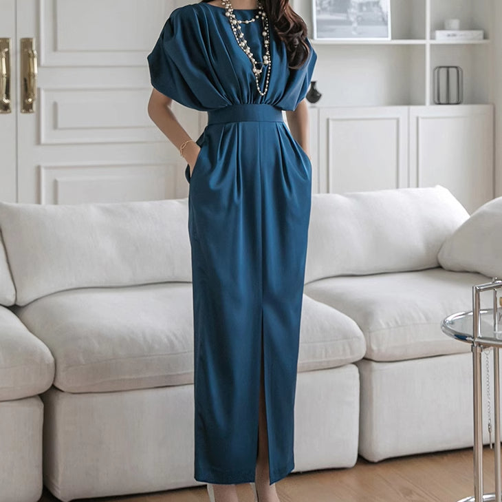 Chic Teal Dolman Sleeve Satin Midi Dress with Waist Belt - Harmony Gallery
