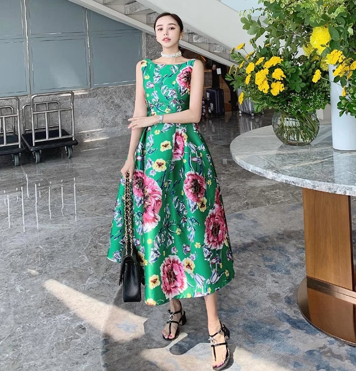 Vibrant Green Floral Print Sleeveless A-Line Midi Dress - Harmony Gallery