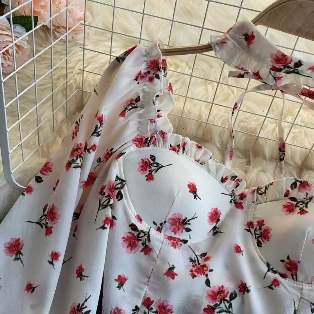 Mori Sweet Floral Puff Sleeve Halter Chiffon Women's Top - Harmony Gallery