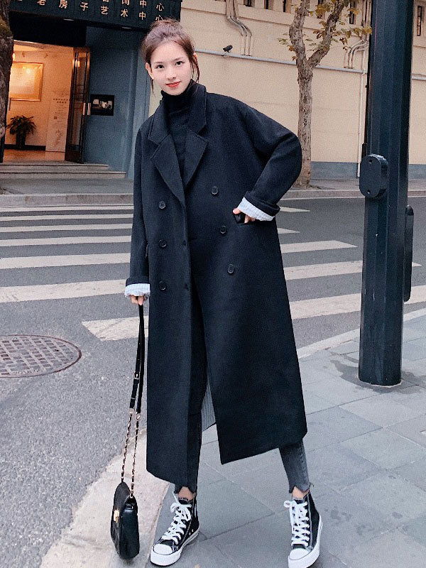 Street Style Long Black Wool Coats British Style Mid-Length Woolen