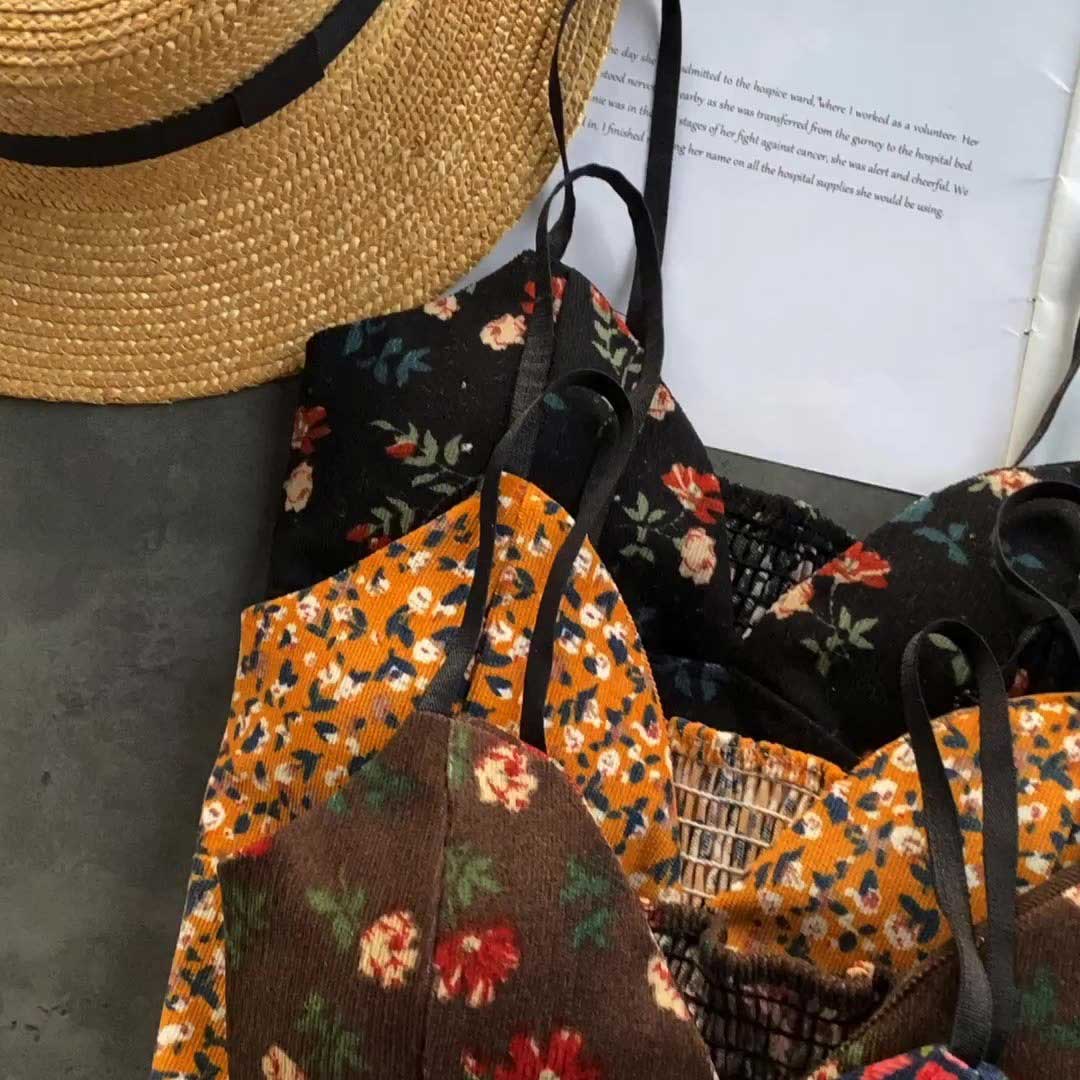 Retro Corduroy Camisole Fashionable All-Match Sexy Floral Top - Harmony Gallery