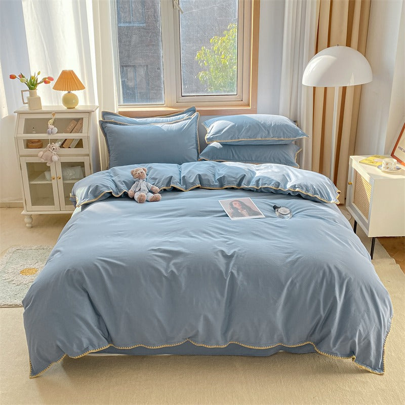 Spring & Summer Washed Cotton Needle Edge Four-Piece Pure Cotton Bed Set - Harmony Gallery