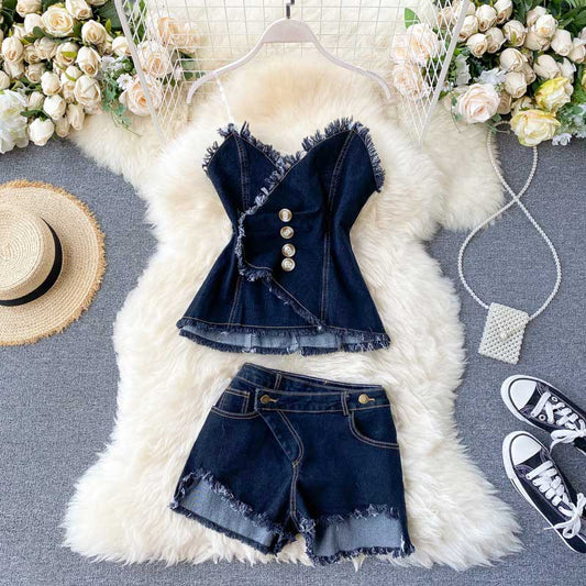 Scheming Pleated Fringed Two Piece Denim Women's Suit - Harmony Gallery