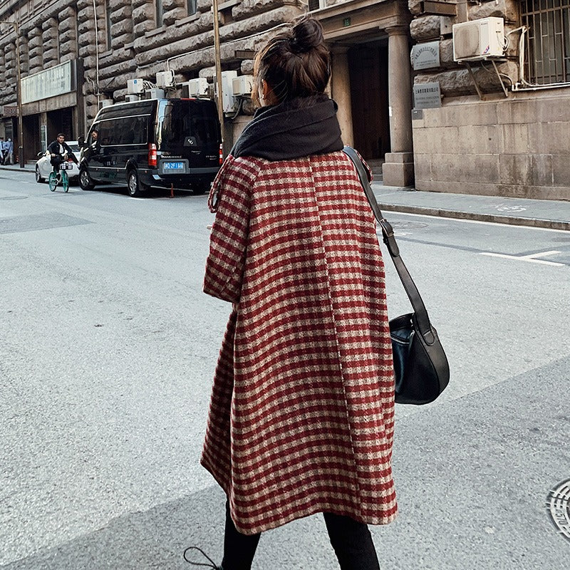Plaid All-Match Loose Mid-Length Woolen Women's Coat - Harmony Gallery
