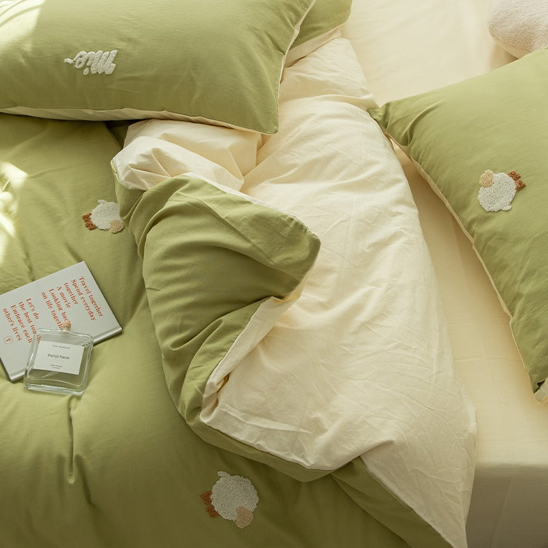 Cute Cartoon Green Sheep Washed Cotton Four-Piece Bed Set - Harmony Gallery