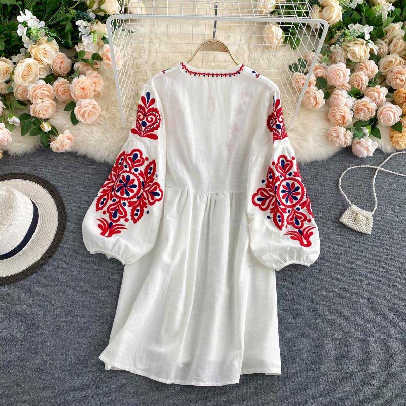 Bohemian Retro Ethnic Embroidery Lantern Short Women's Dress - Harmony Gallery