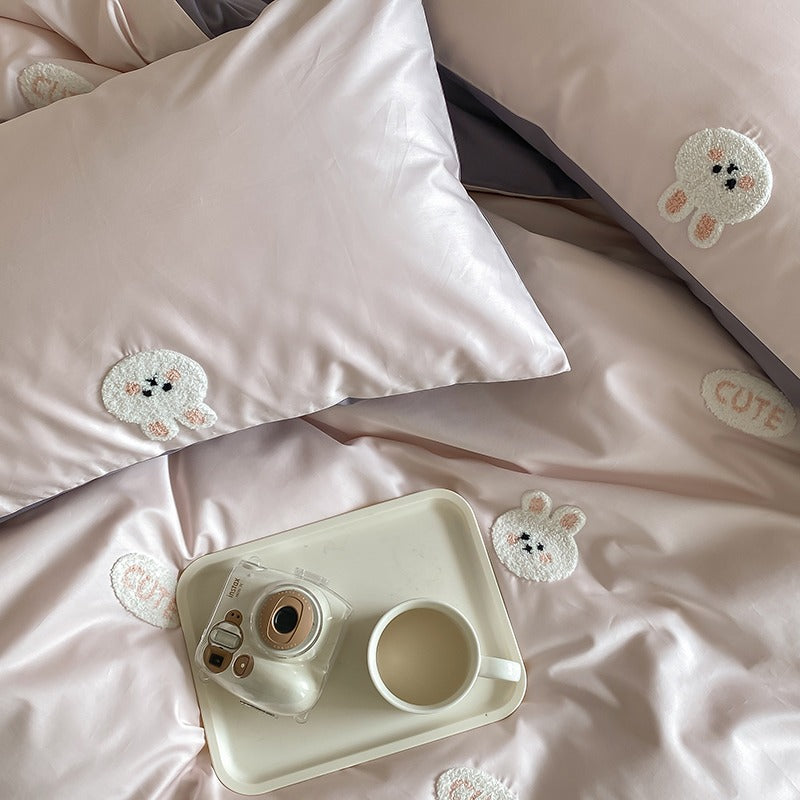 Cute Bunny Cartoon Satin long-Staple Four-Piece Pure Cotton Bed Set - Harmony Gallery
