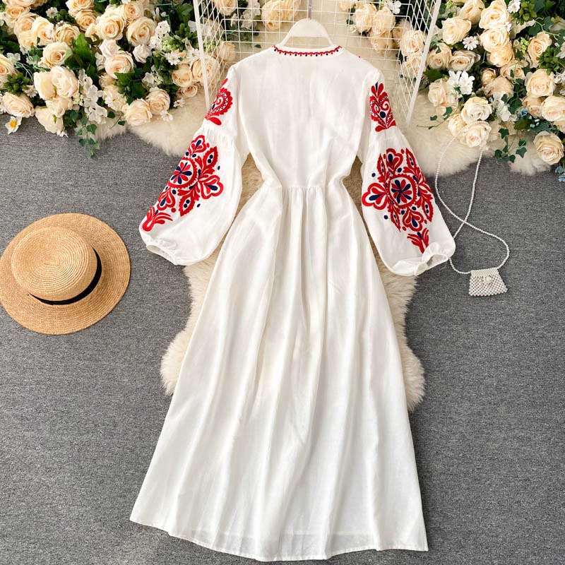 Bohemian Ethnic Style Embroidery Lantern Sleeve Women's Dress - Harmony Gallery