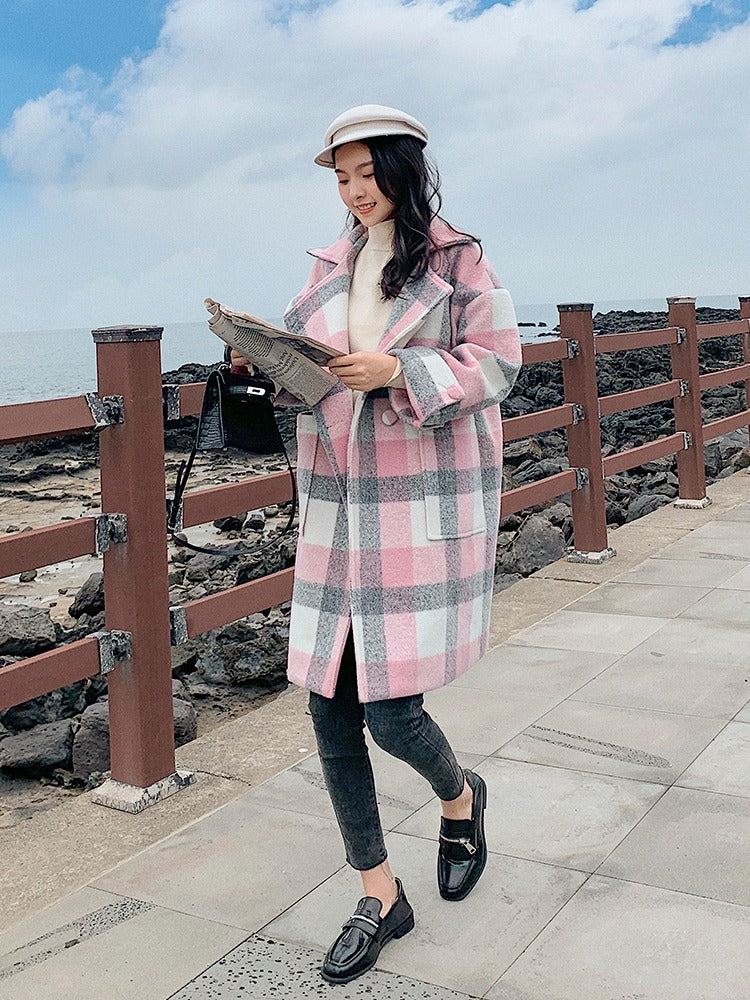 Loose Casual British Plaid Woolen Women's Coat - Harmony Gallery