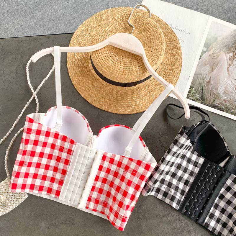 Fashion Plaid French All-Match Off-Shoulder Sling Bra Top - Harmony Gallery