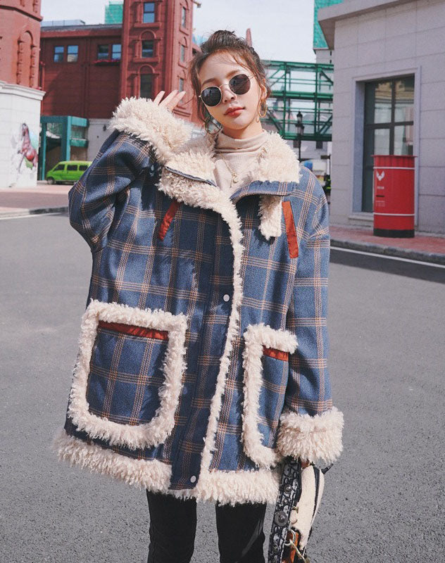 Lamb Wool Loose Plaid Cotton Padded Women's Coat - Harmony Gallery