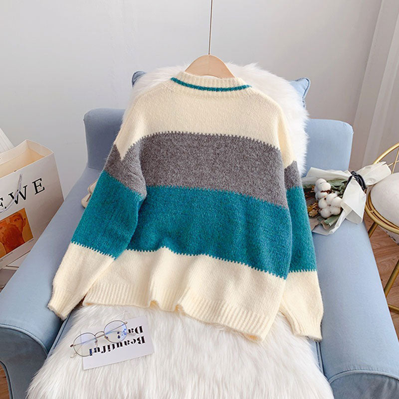 Mohair Contrast Color Loose Outer Wear Gentle Women's Sweater - Harmony Gallery