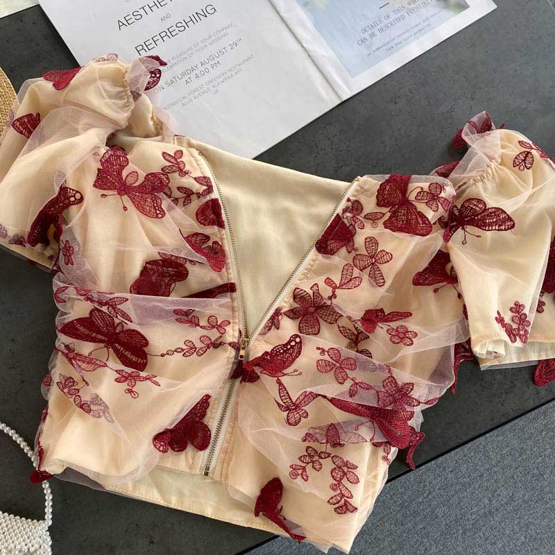 Retro Summer Butterfly Embroidery Women's Top - Harmony Gallery