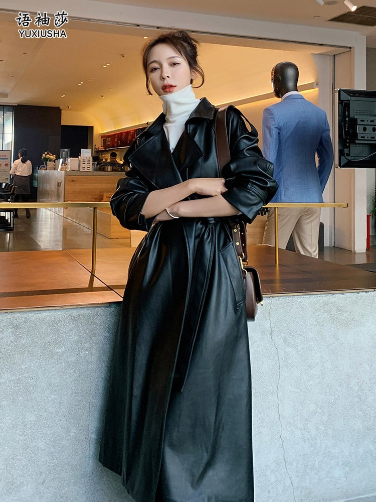 Black PU Leather Mid-Length Fashion Women's Jacket - Harmony Gallery