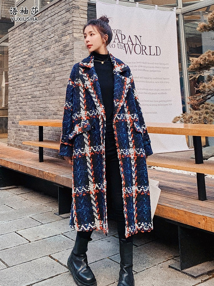 Loose plaid Tweed Woolen Mid-Length Women's Coat - Harmony Gallery