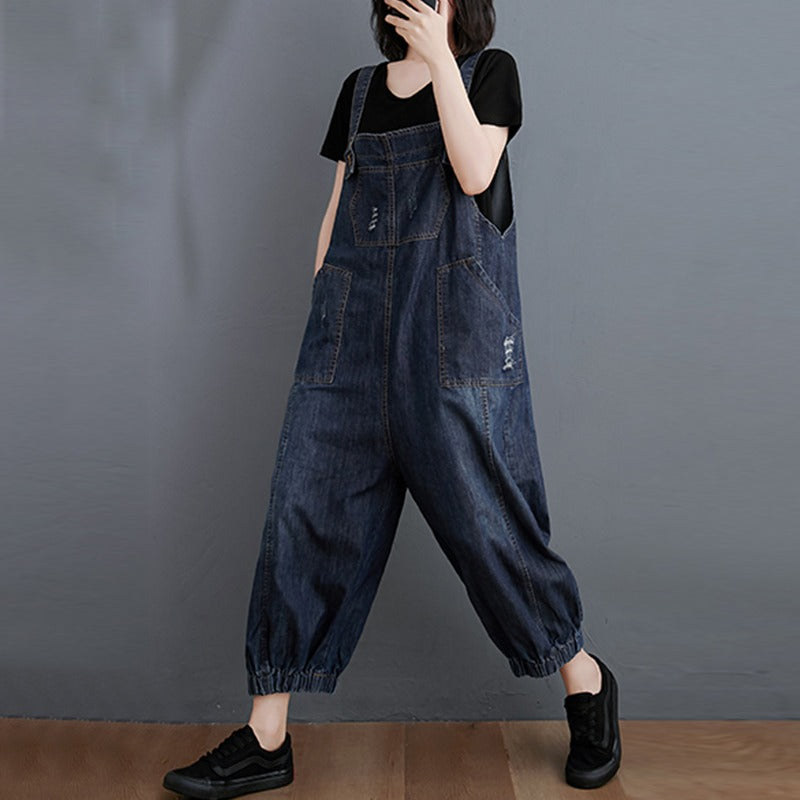Distressed Washed Denim Harem Women's Jumpsuit - Harmony Gallery