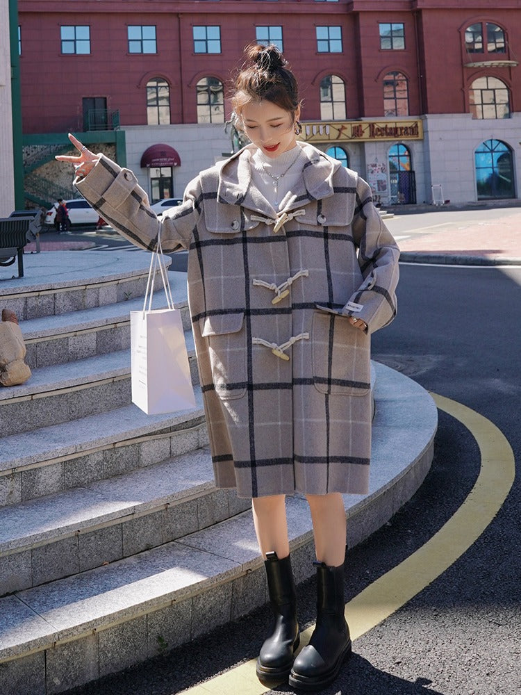 Horn Button Woolen Hooded Navy Collar Women's Coat - Harmony Gallery