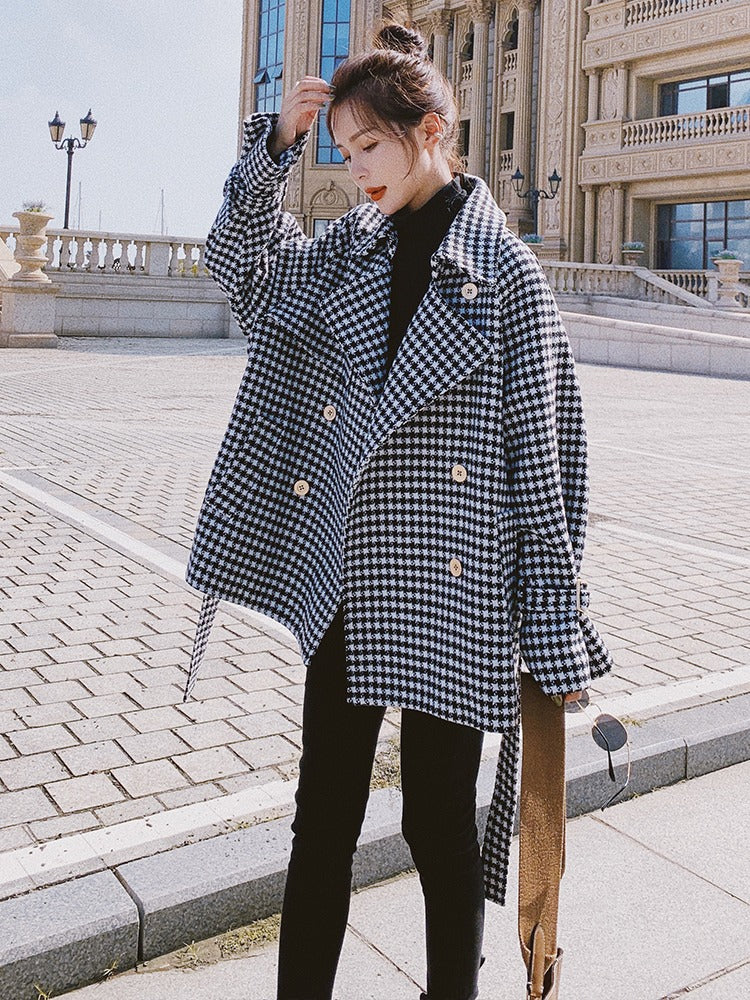 Plaid Casual Retro Woolen Women's Windbreaker - Harmony Gallery