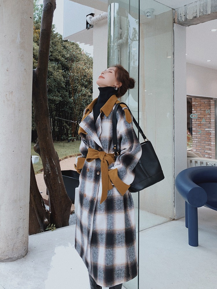 Fashion Retro Plaid Mid-Length Woolen Women's Coat - Harmony Gallery