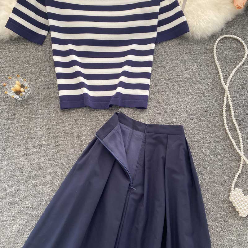 Casual Summer Retro Striped Knitted Women's Suit - Harmony Gallery